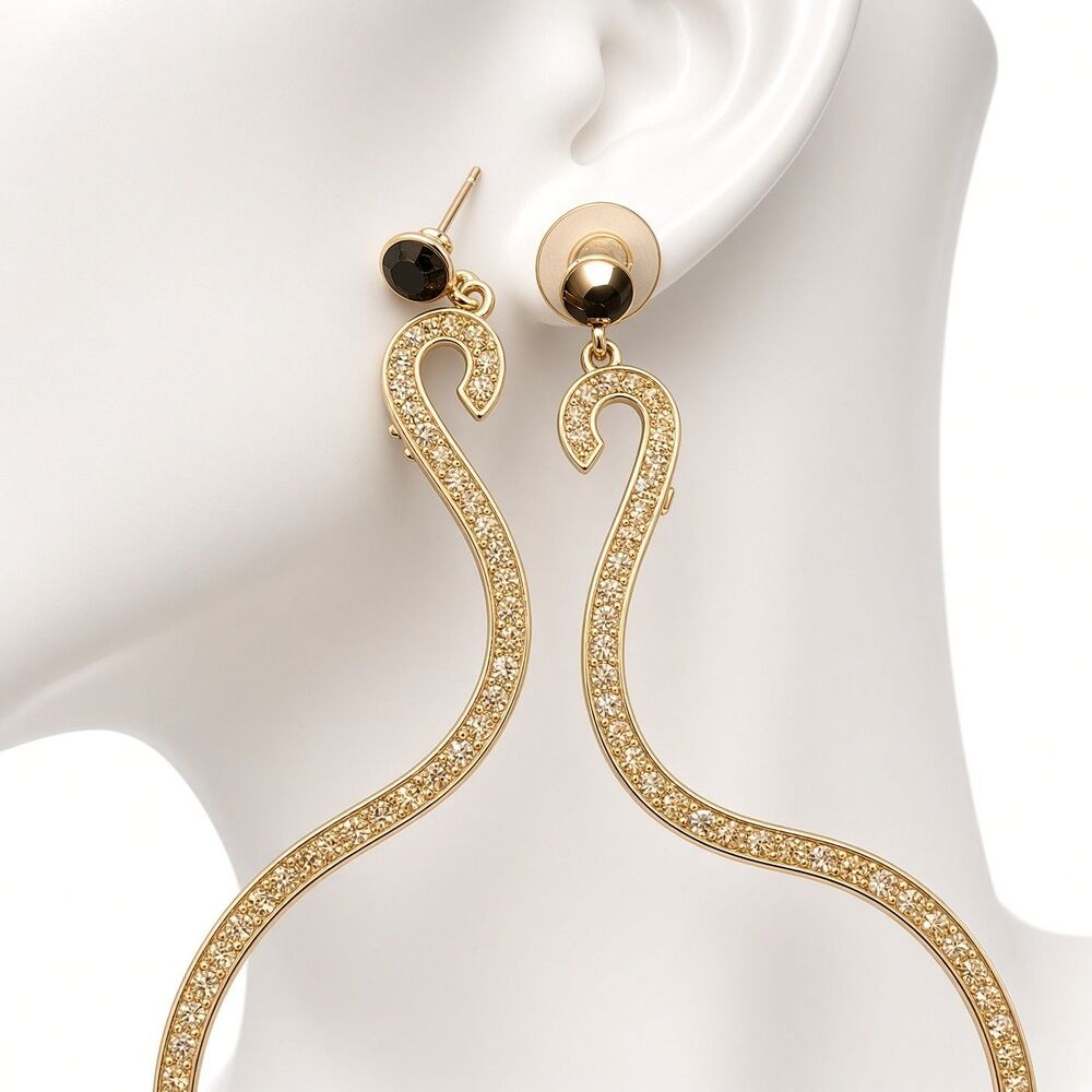 Gold Tone Pave Crystal Wavy Snake Dangle Earrings Black Stone Posts Long Drop